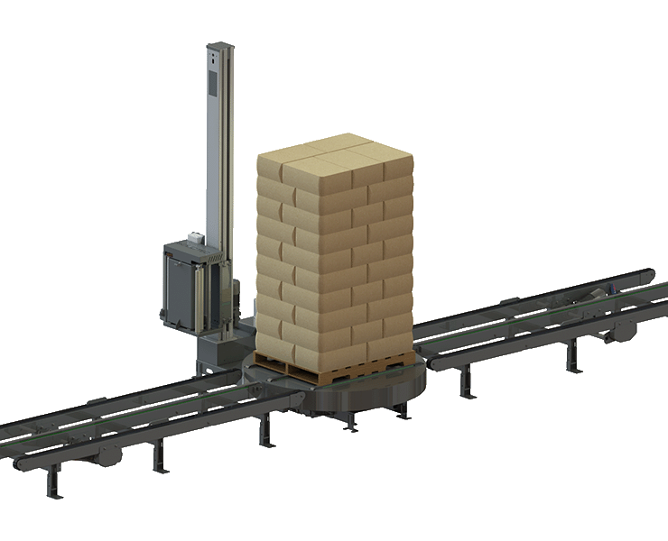 Render van plateauwikkelmachine met kettingbaan en gestapelde pallet